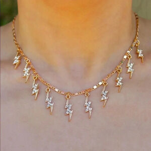 NEW! 18K Gold Plated Box Chain CZ Lightening Bolt Charm Tassel Choker Necklace